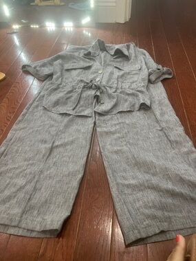 Lightweight Gray Linen Blend Two-Piece Pants Set